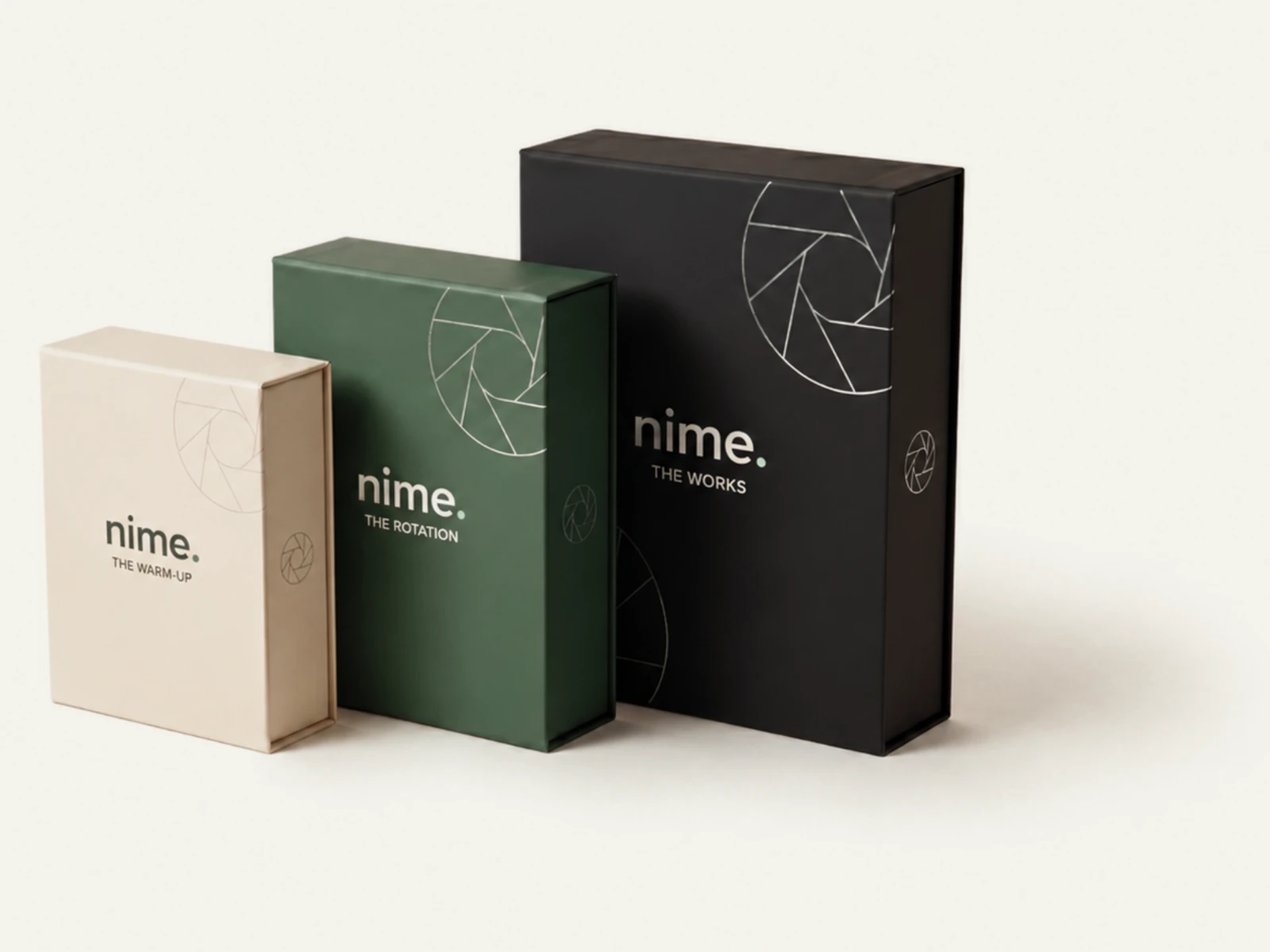The three nime content packages — The Warm-Up, The Rotation and The Works